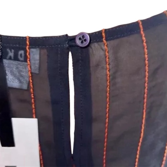 DKNY CHIFFON STRIPED BLOUSE WOMENS SHORT SLEVEE BLACK/ORANGE ROUND NECK SZ LARGE - Picture 6 of 14